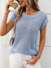 Openwork Round Neck Short Sleeve Knit Cover Up - kinko