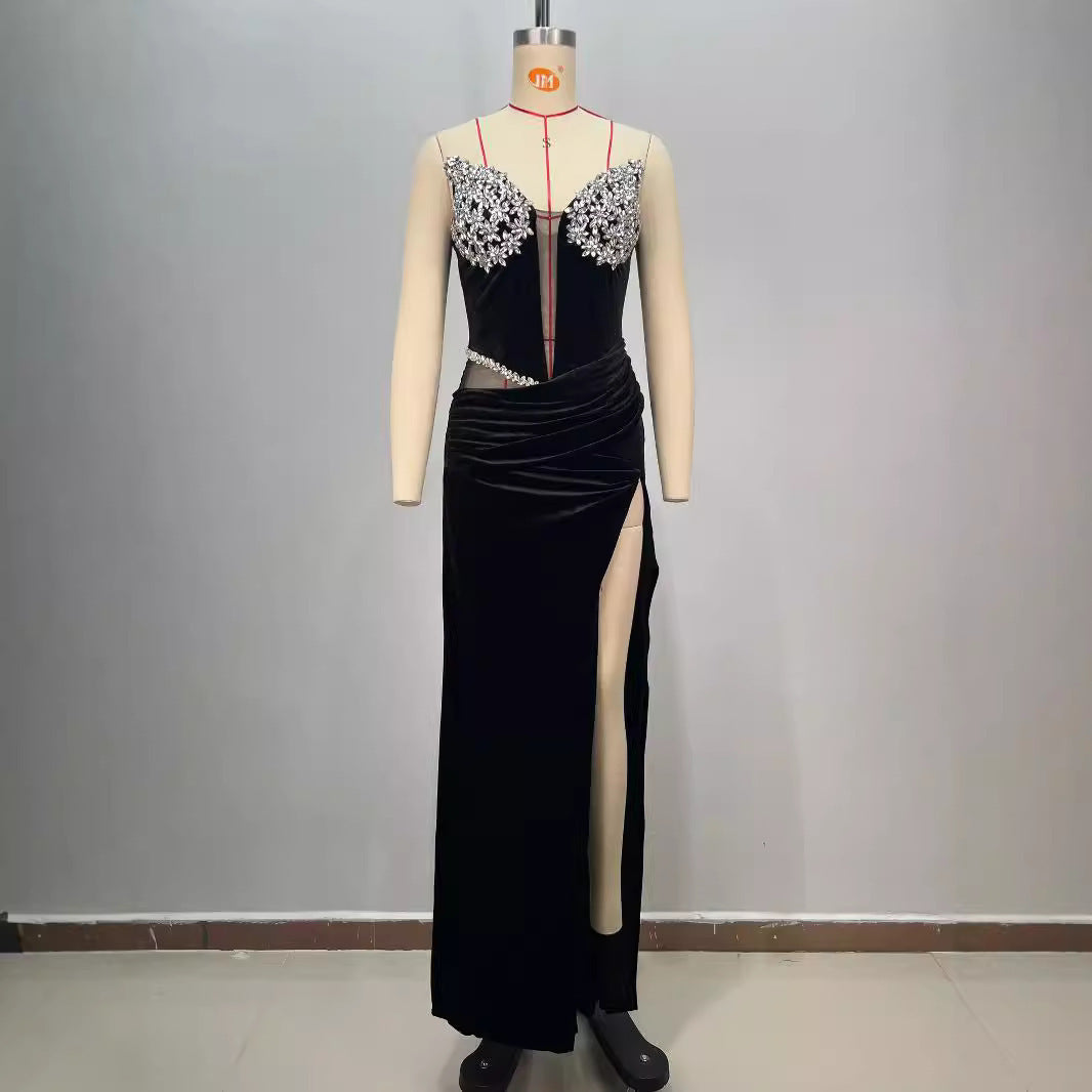 Women's Black Bandeau Slim-fit Hot Drilling Long Dress - kinko