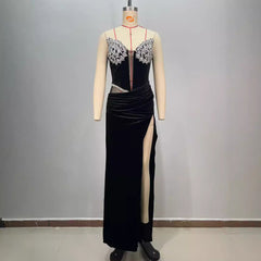 Women's Black Bandeau Slim-fit Hot Drilling Long Dress - kinko