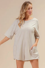 BiBi Short Sleeve Back Open Washed Romper - kinko