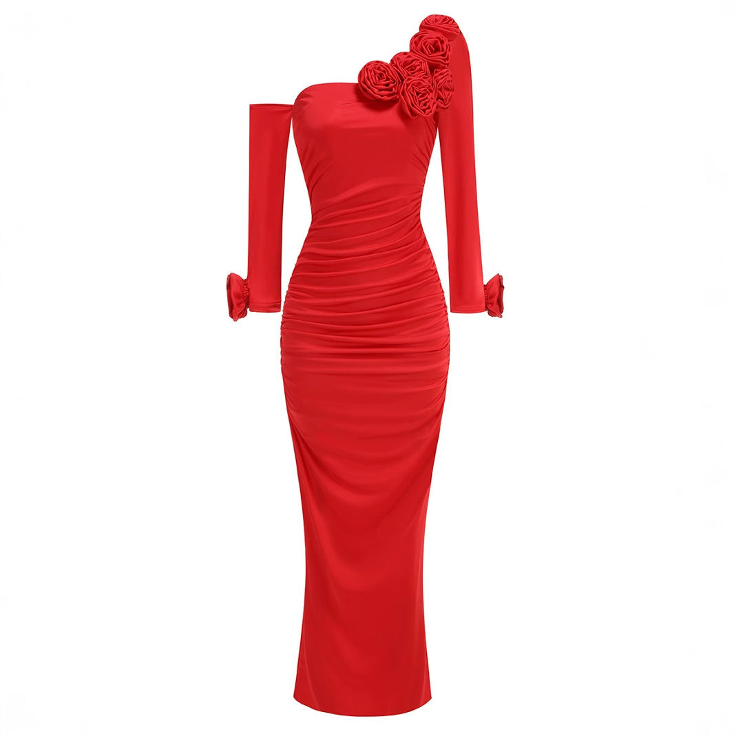 Three-dimensional Flower Slanted Shoulder Long Sleeved Dress - kinko