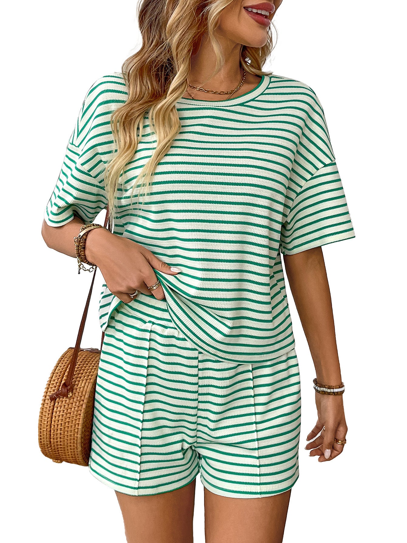 Women's Knitted Striped Fashion Casual Shorts Sports Suit - kinko