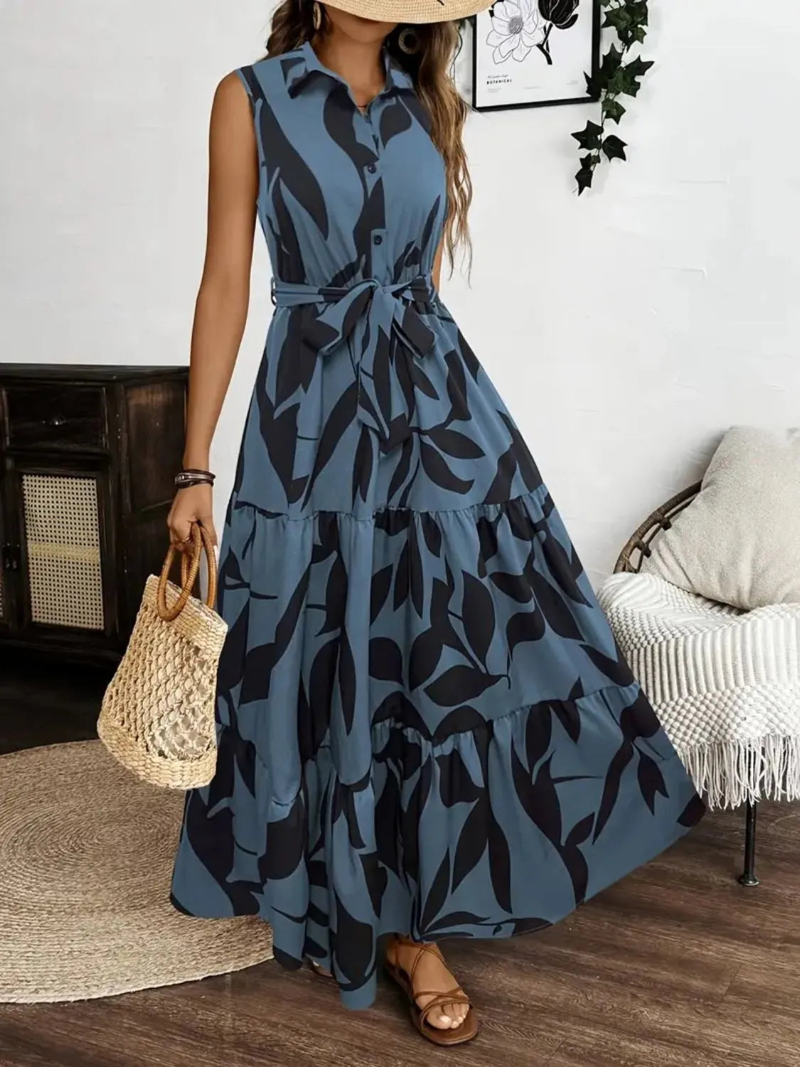 Printed Tie Waist Sleeveless Maxi Dress - kinko