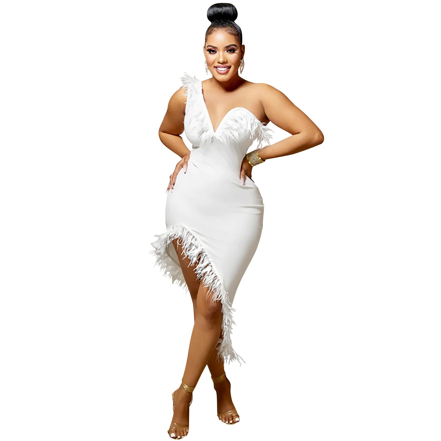 V-neck Sleeveless Chest Feather Irregular Midi Dress - kinko