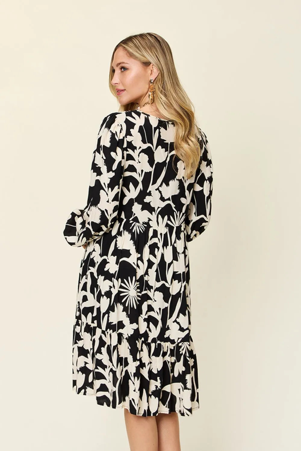 Double Take Full Size Printed Ruffle Hem Dress with Pocket - kinko