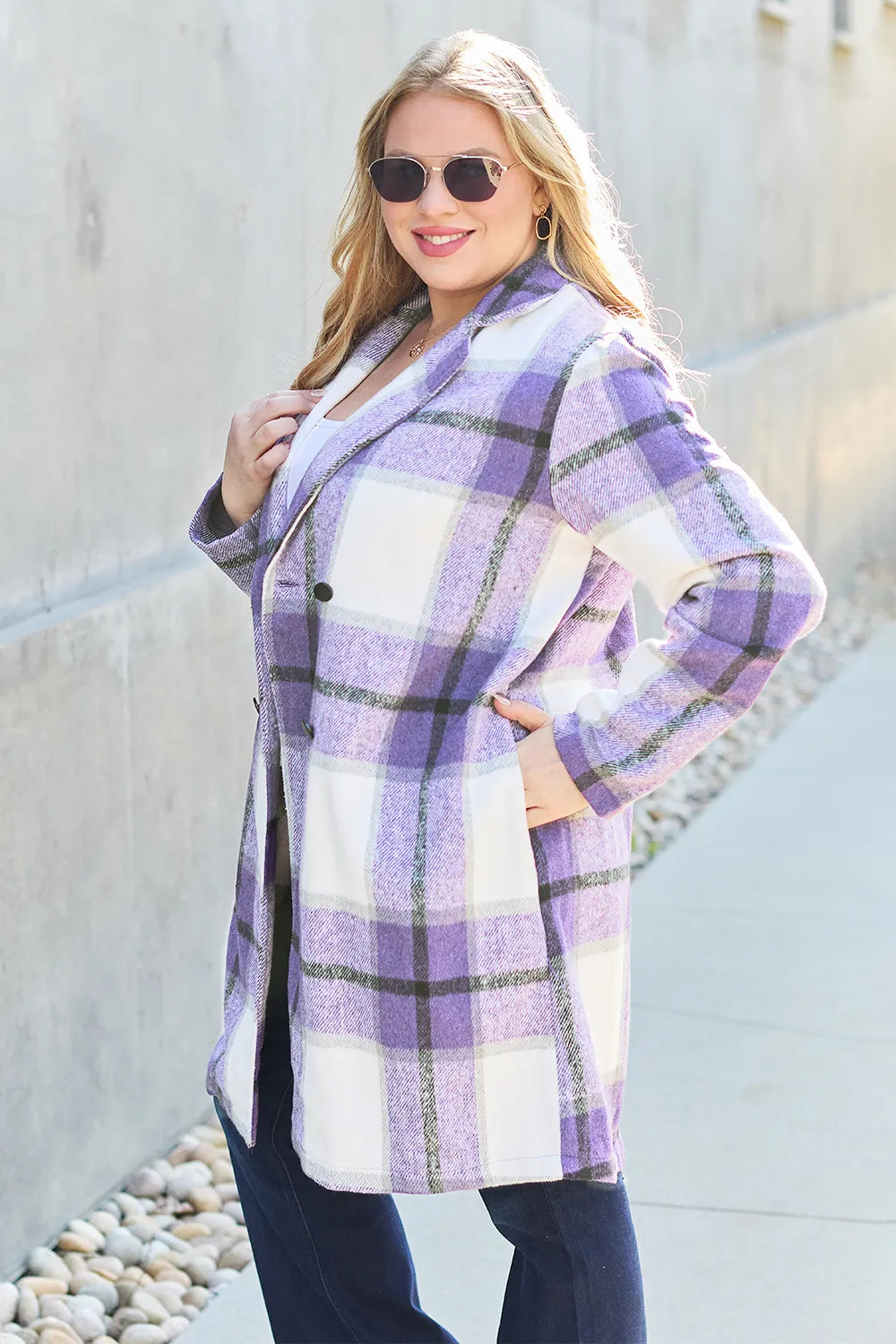 Double Take Full Size Plaid Button Up Lapel Collar Coat - kinko