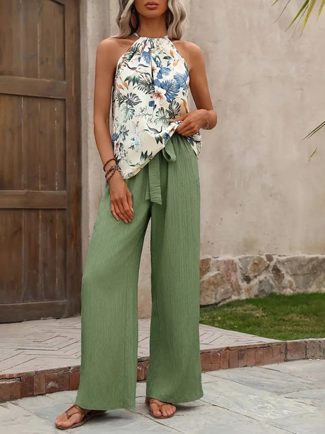 Printed Tank Top and Wide Leg Pants Set - kinko