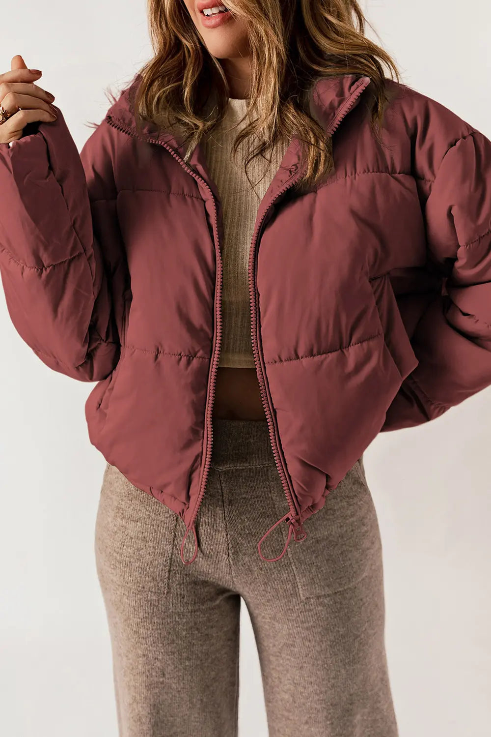 Zip Up Collared Neck Long Sleeve Winter Coat - kinko