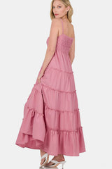 Zenana Woven Smocked Tiered Cami Maxi Dress - kinko