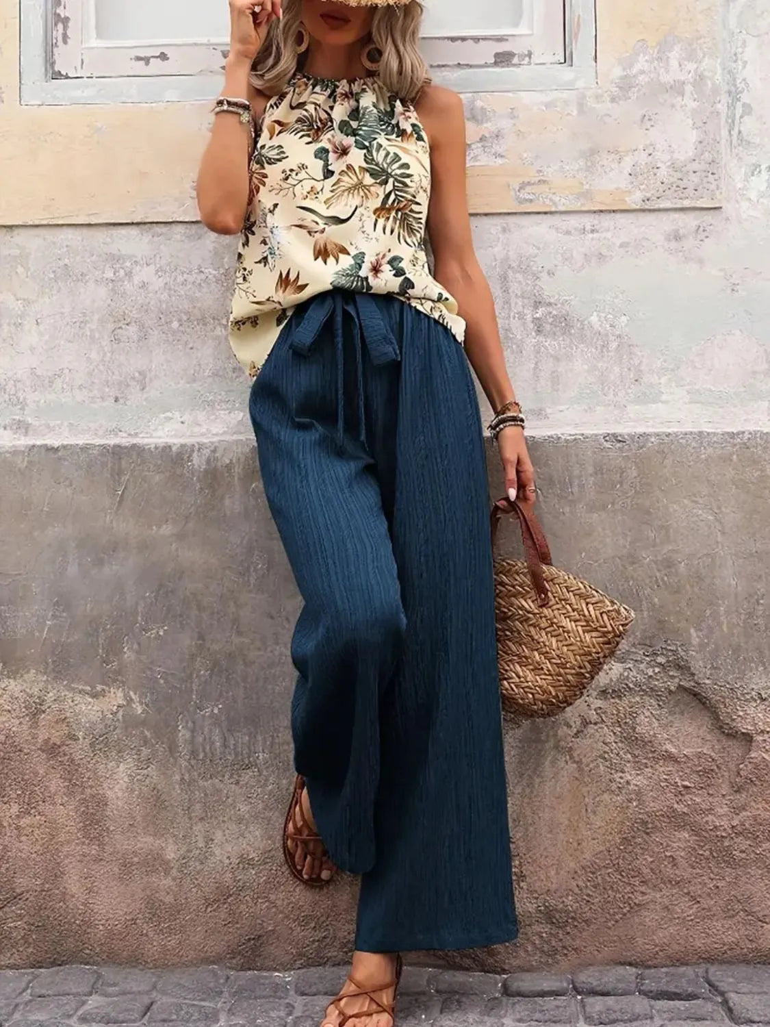 Printed Tank Top and Wide Leg Pants Set - kinko