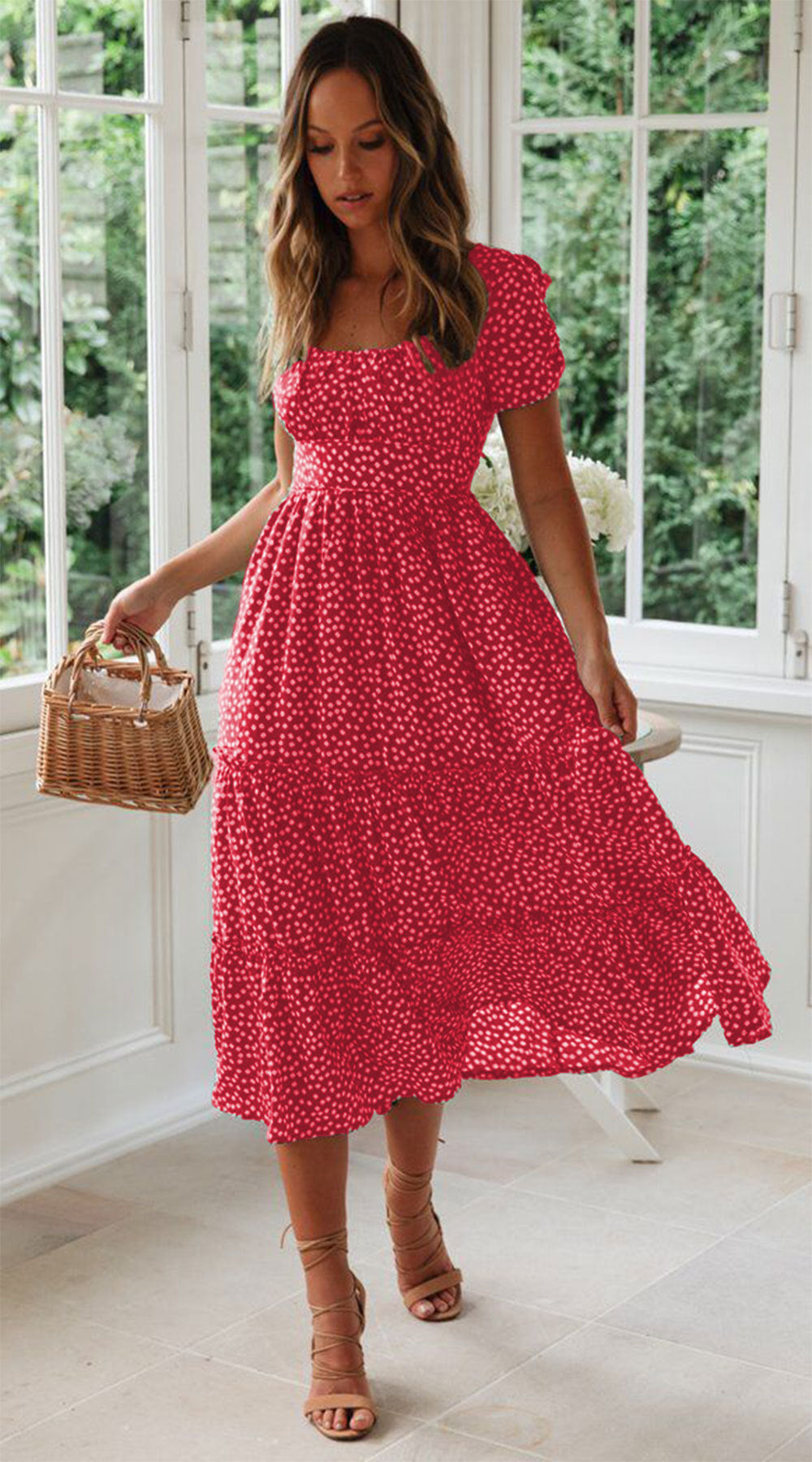 Square Collar Short Sleeve Dress Summer Puff Floral Printed Dress Long Dresses - kinko