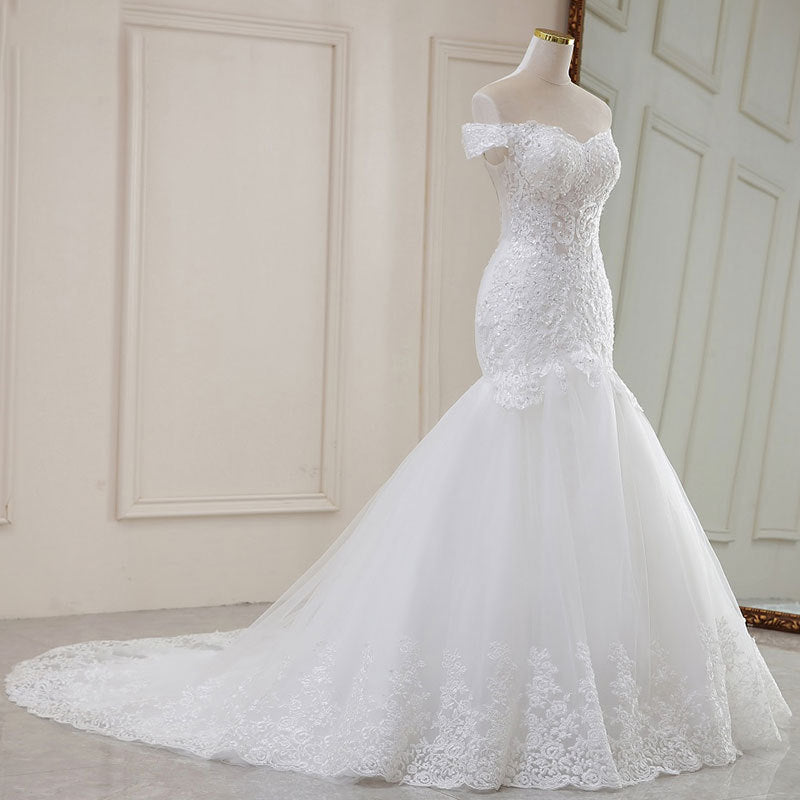 High Waist White Temperament Dream Lace Mid-waist Long Tail V-neck Wedding Dress - kinko