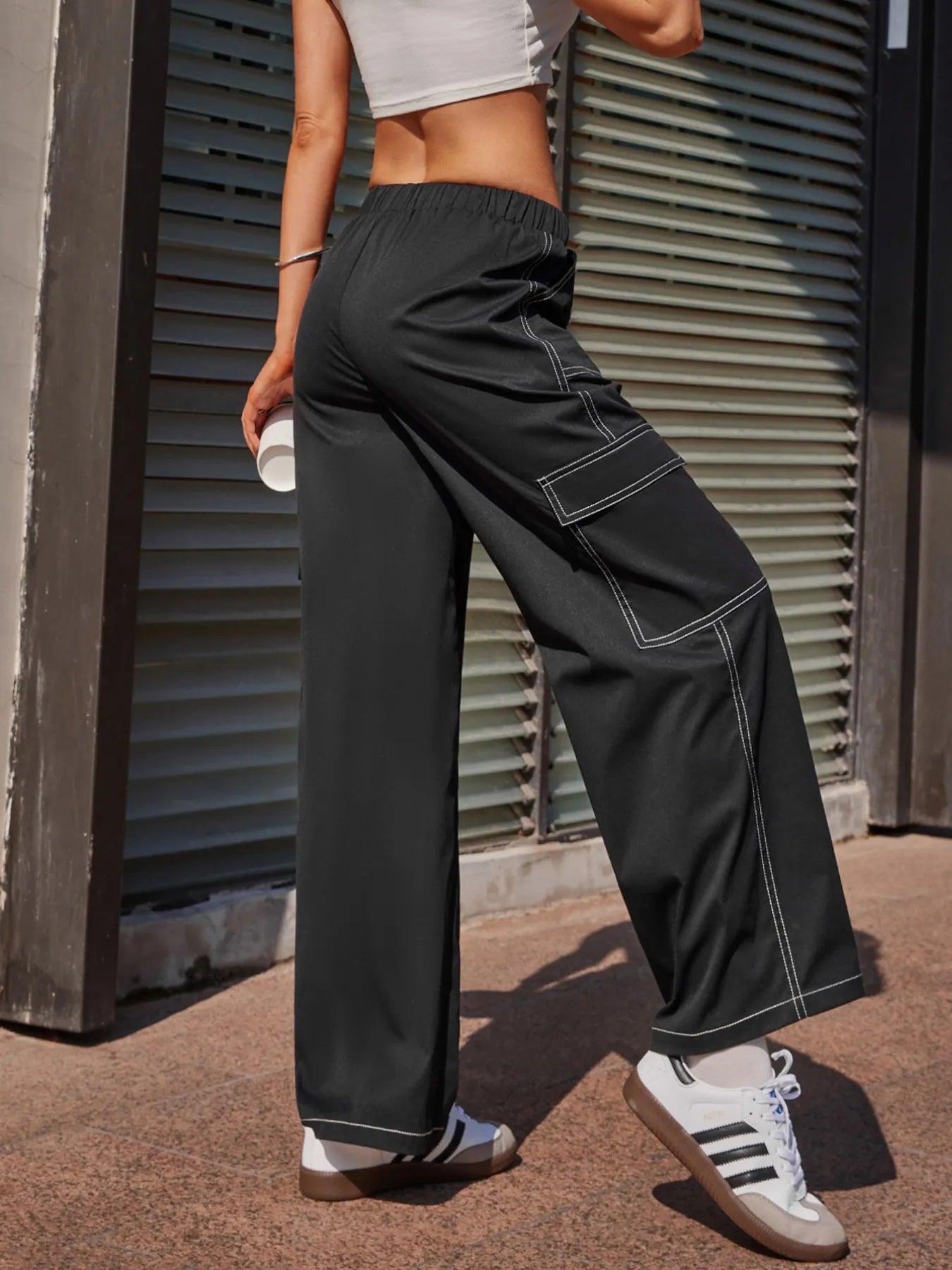 Wide Leg Pants with Contrast Stitching - kinko