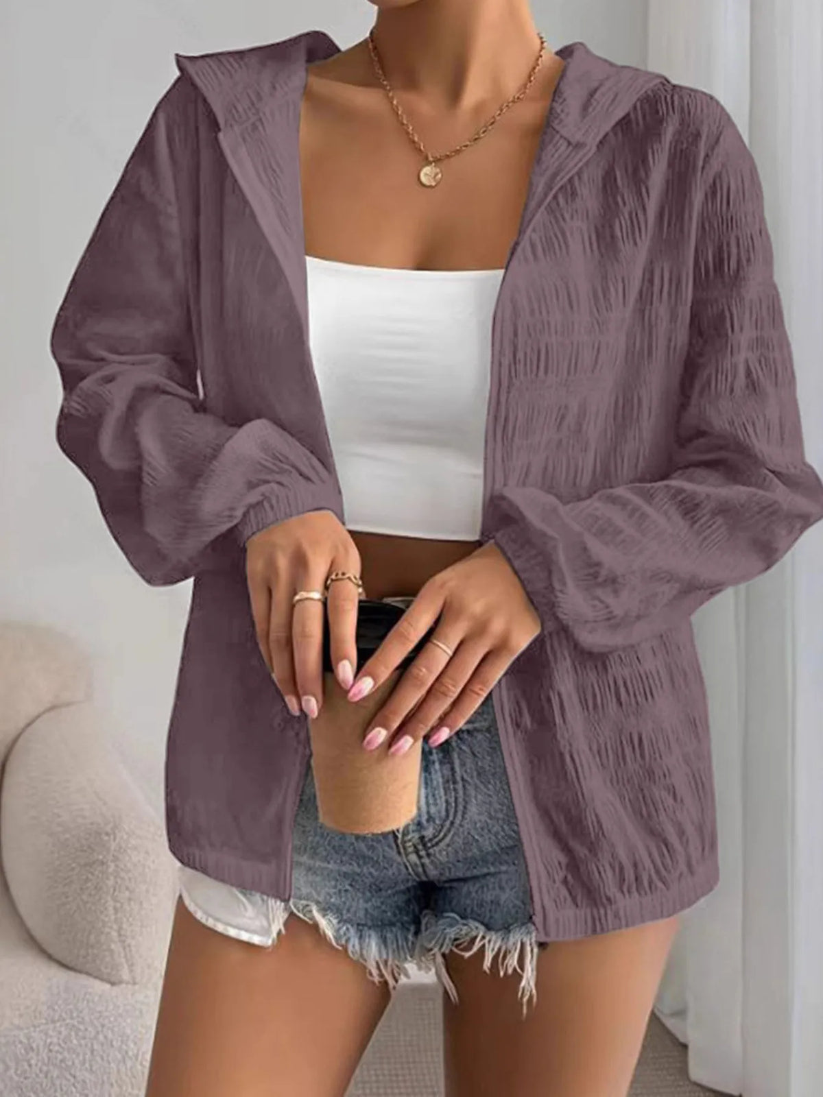 Zip Up Long Sleeve Hooded Outerwear - kinko