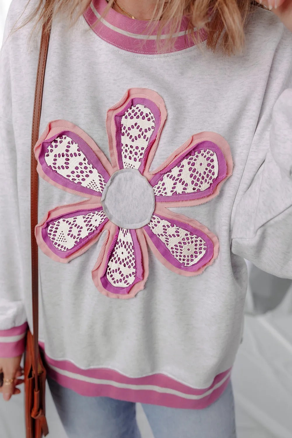 Gray Flower Patch Contrast Trim Crew Neck Sweatshirt - kinko