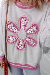 Gray Flower Patch Contrast Trim Crew Neck Sweatshirt - kinko