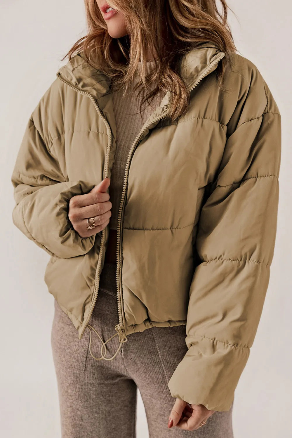 Zip Up Collared Neck Long Sleeve Winter Coat - kinko