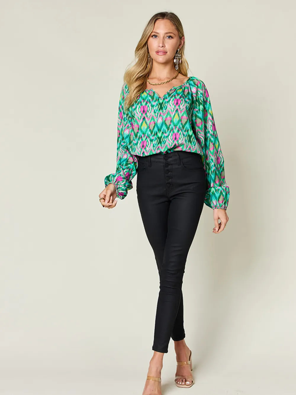 Double Take Full Size Printed Balloon Sleeve Blouse - kinko