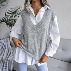 Women's V-neck Hollow Rhombus Casual Knitted Sweater Vest - kinko
