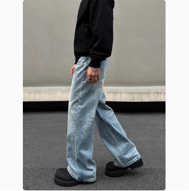 Men's Retro Whisker Washed Blue Straight Jeans - kinko