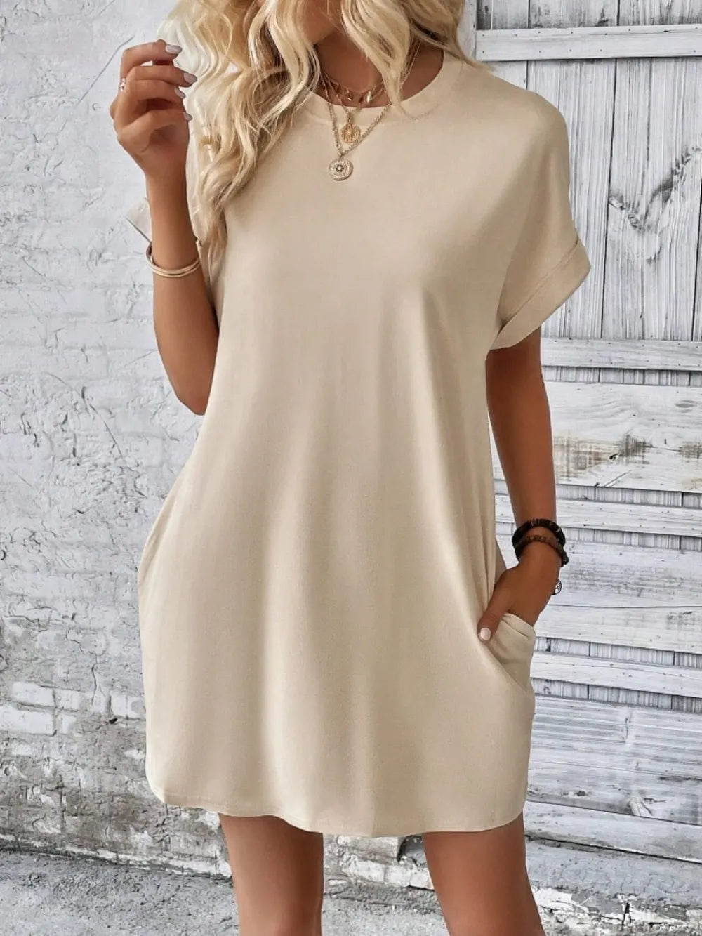 Pocketed Round Neck Short Sleeve Dress - kinko