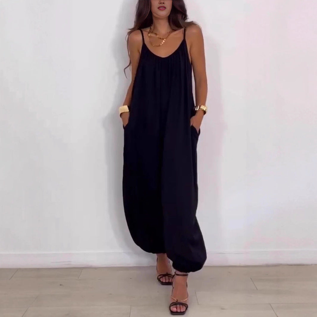 Loose Casual Solid Color Hollow-out Camisole Women's Jumpsuit - kinko