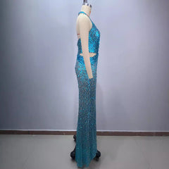 New Halter Deep V-neck Slim Slimming Party Stage Host Hostess Evening Dress - kinko