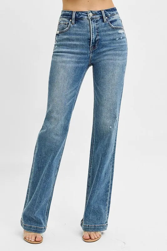 RISEN Full Size Distressed Detail Bootcut Jeans Plus Size - kinko