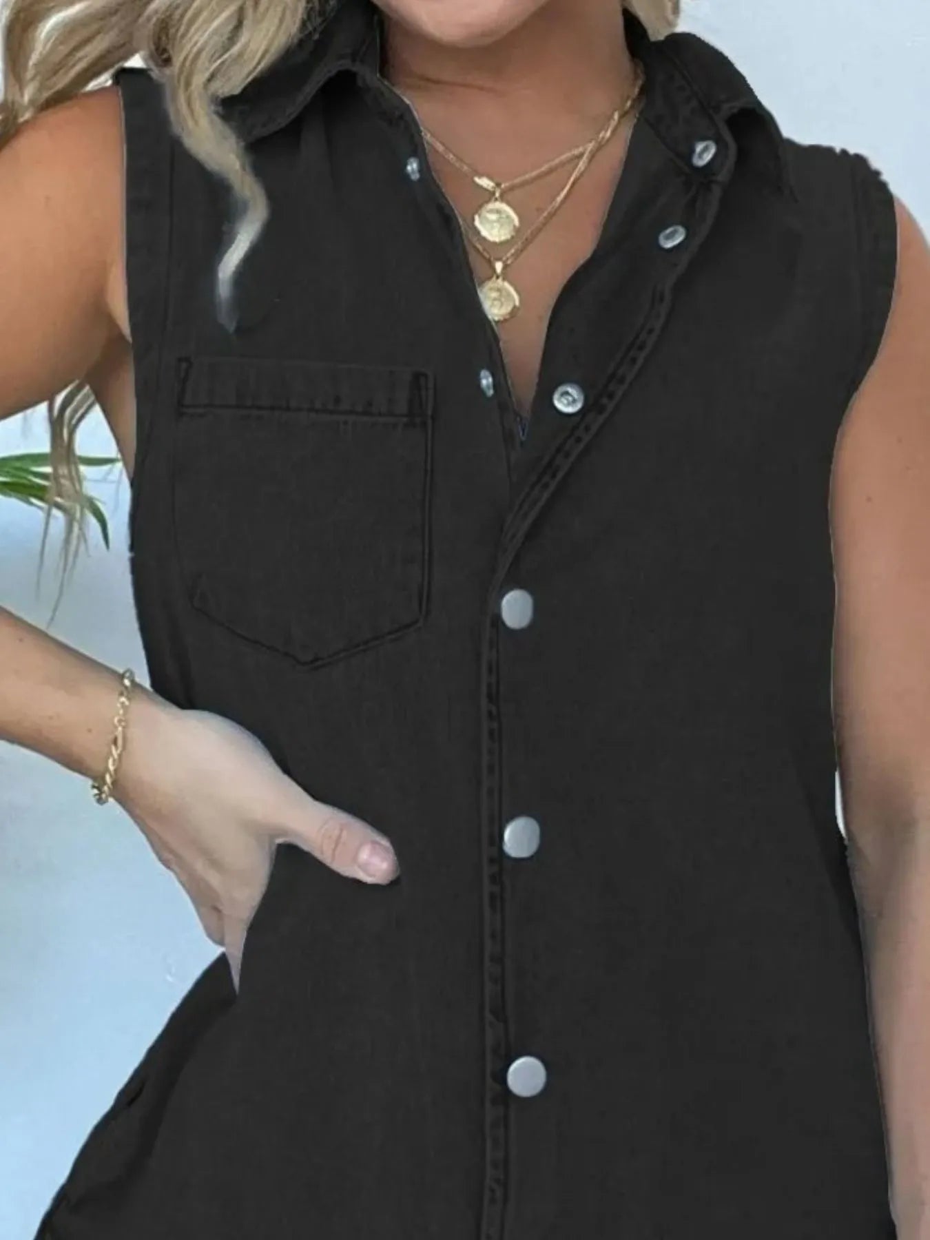 Button Front Sleeveless Denim Romper - kinko