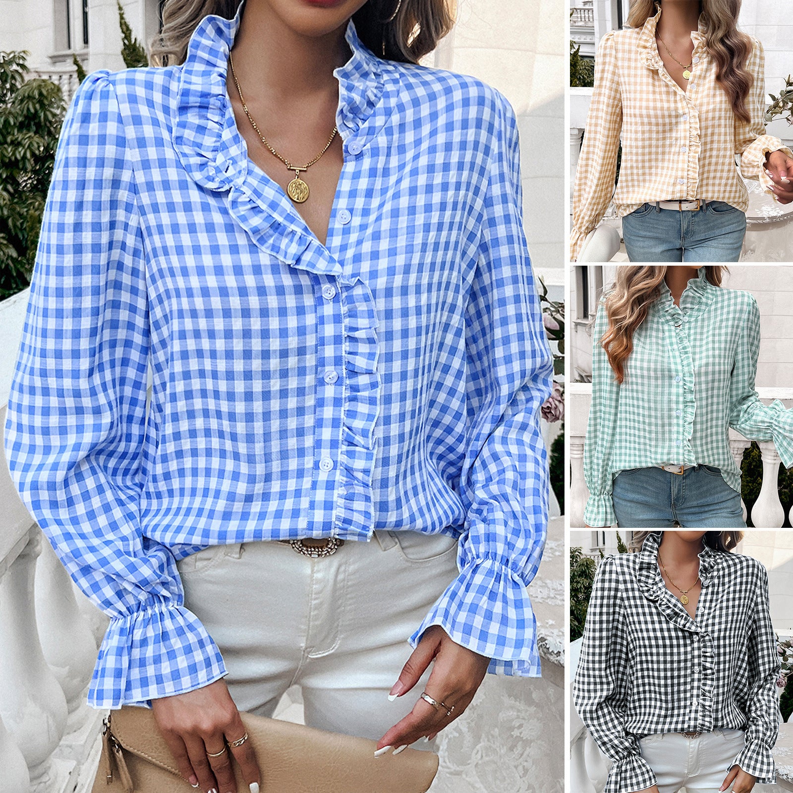 Women's French-style Plaid Shirt With Wooden Ears - kinko