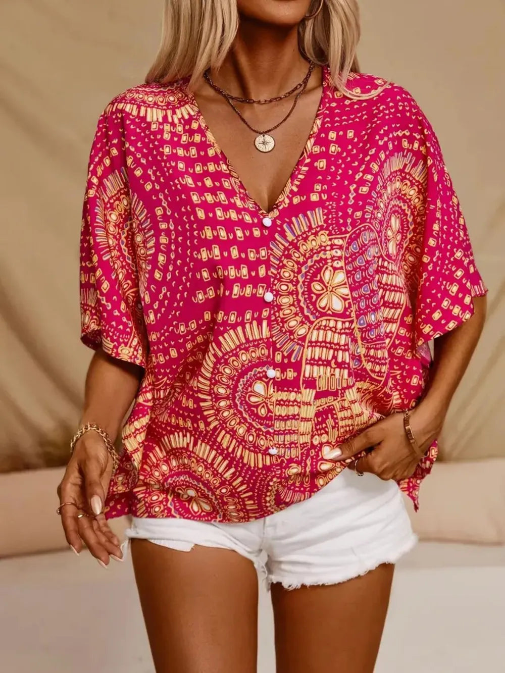 Printed V-Neck Half Sleeve Top - kinko