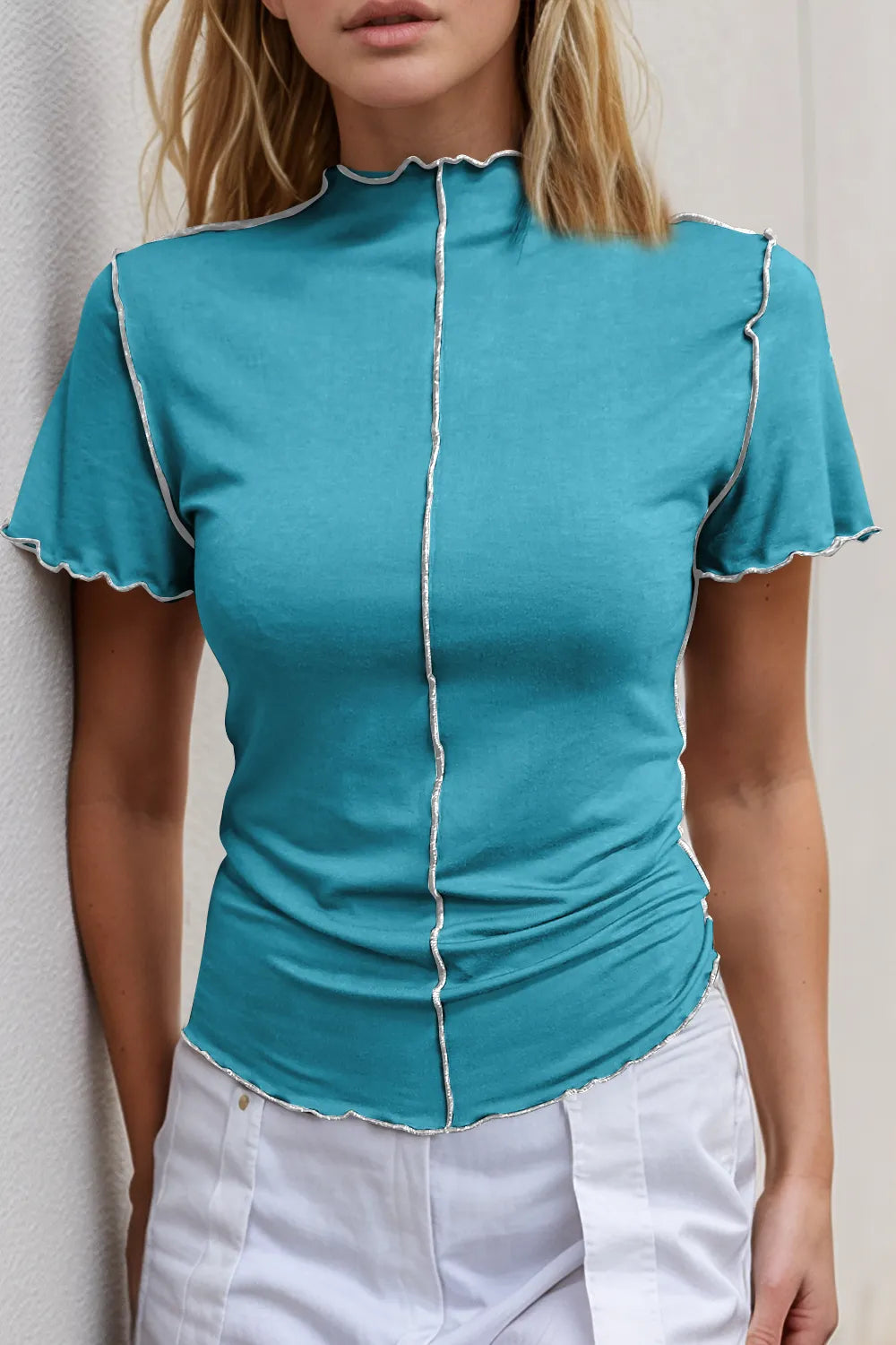 Basic Bae Contrast Trim Mock Neck Short Sleeve T-Shirt - kinko