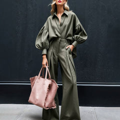 Long-sleeved Shirt Wide-leg Pants Cotton And Linen Two-piece Suit - kinko