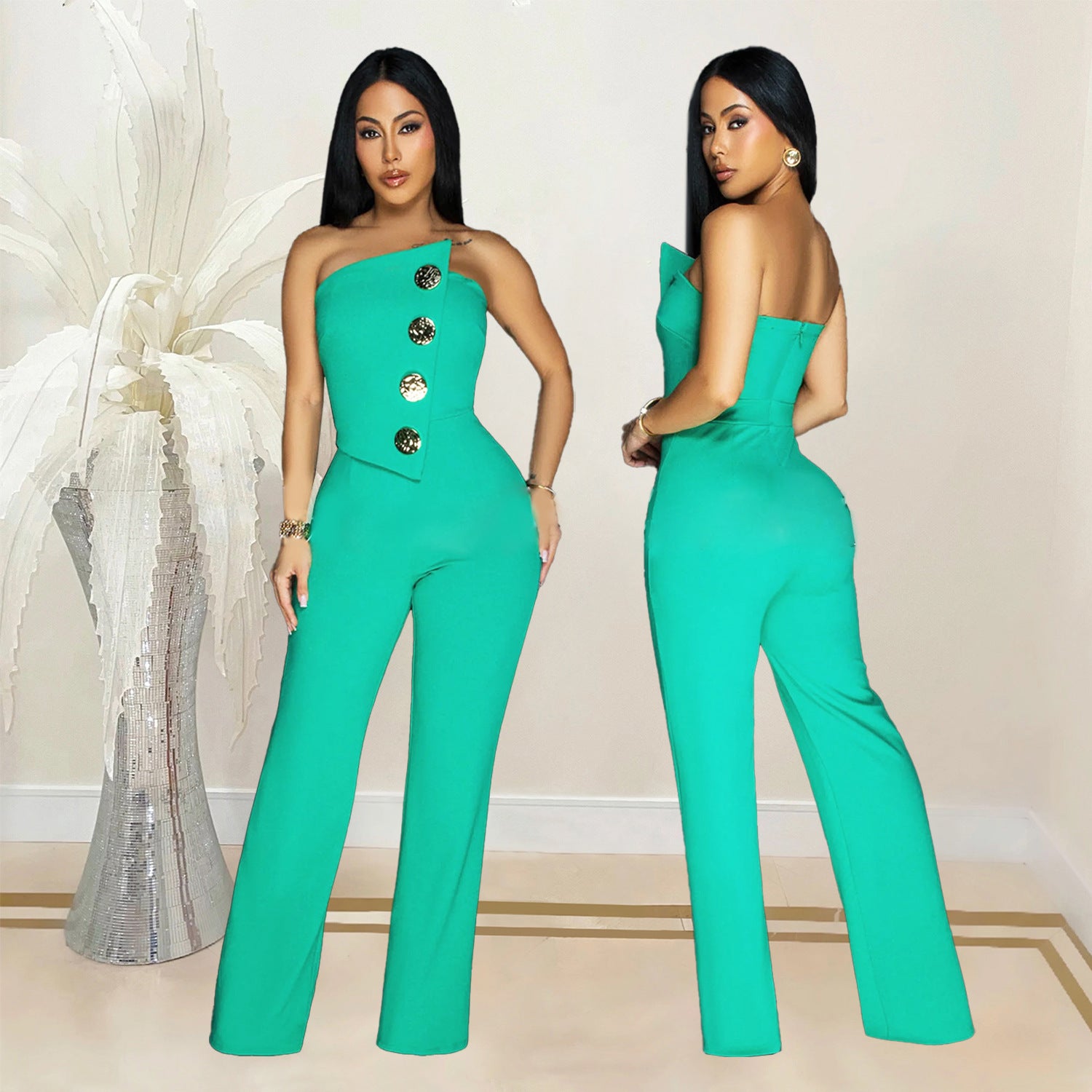 European And American Fashion Women's Wear Sleeveless Button Jumpsuit Trousers - kinko
