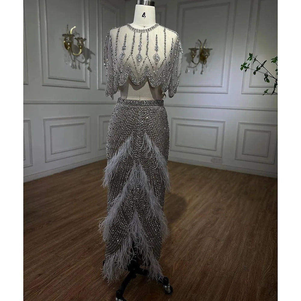 European And American Silver Nude Slim-fit Feather Shawl Host Performance Ladies' Evening Dress - kinko