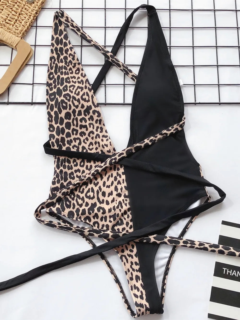 Tied Leopard Plunge One-Piece Swimwear - kinko