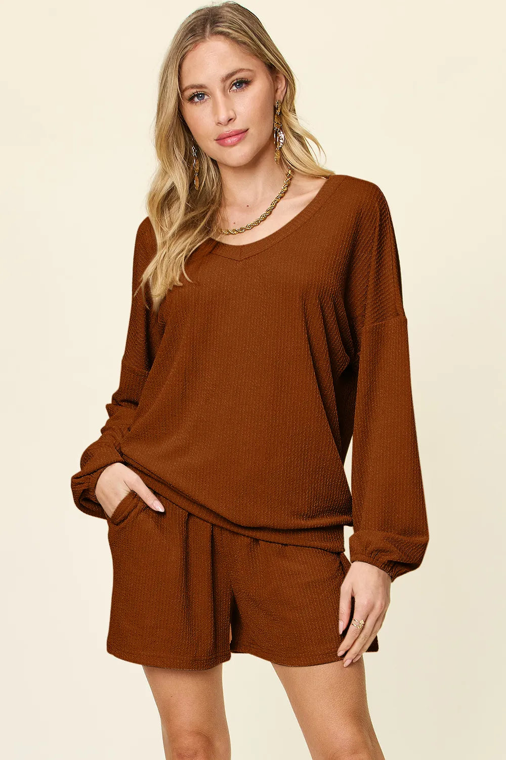 Double Take Full Size Texture V-Neck Long Sleeve T-Shirt and Shorts Set - kinko