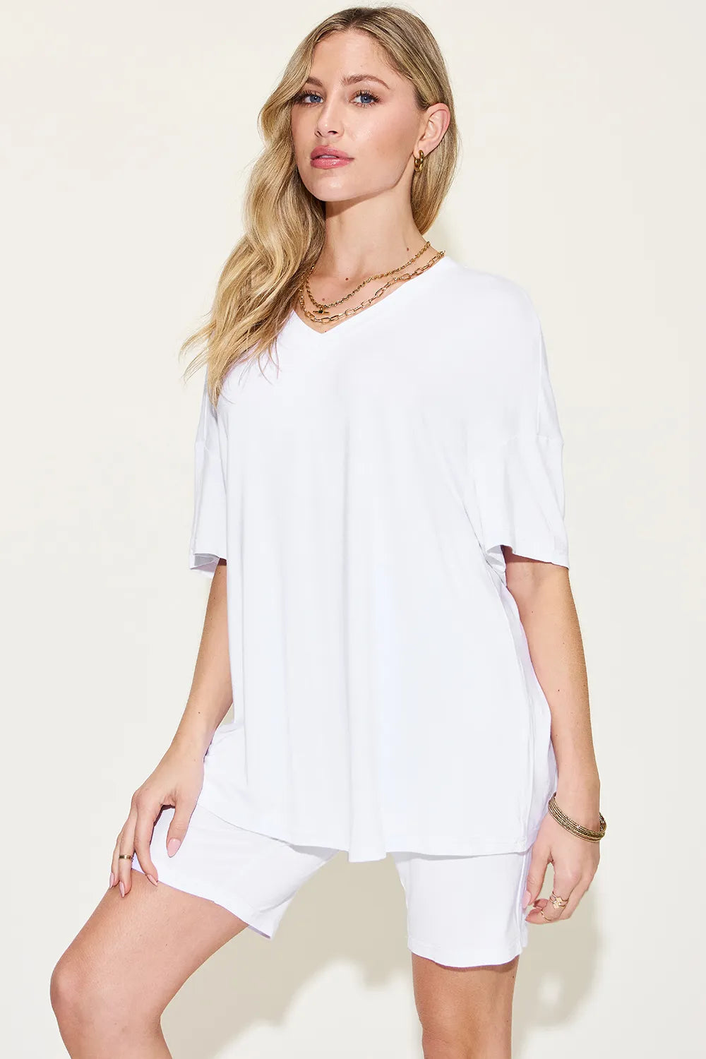 Basic Bae Full Size V-Neck Drop Shoulder T-Shirt and Shorts Set - kinko