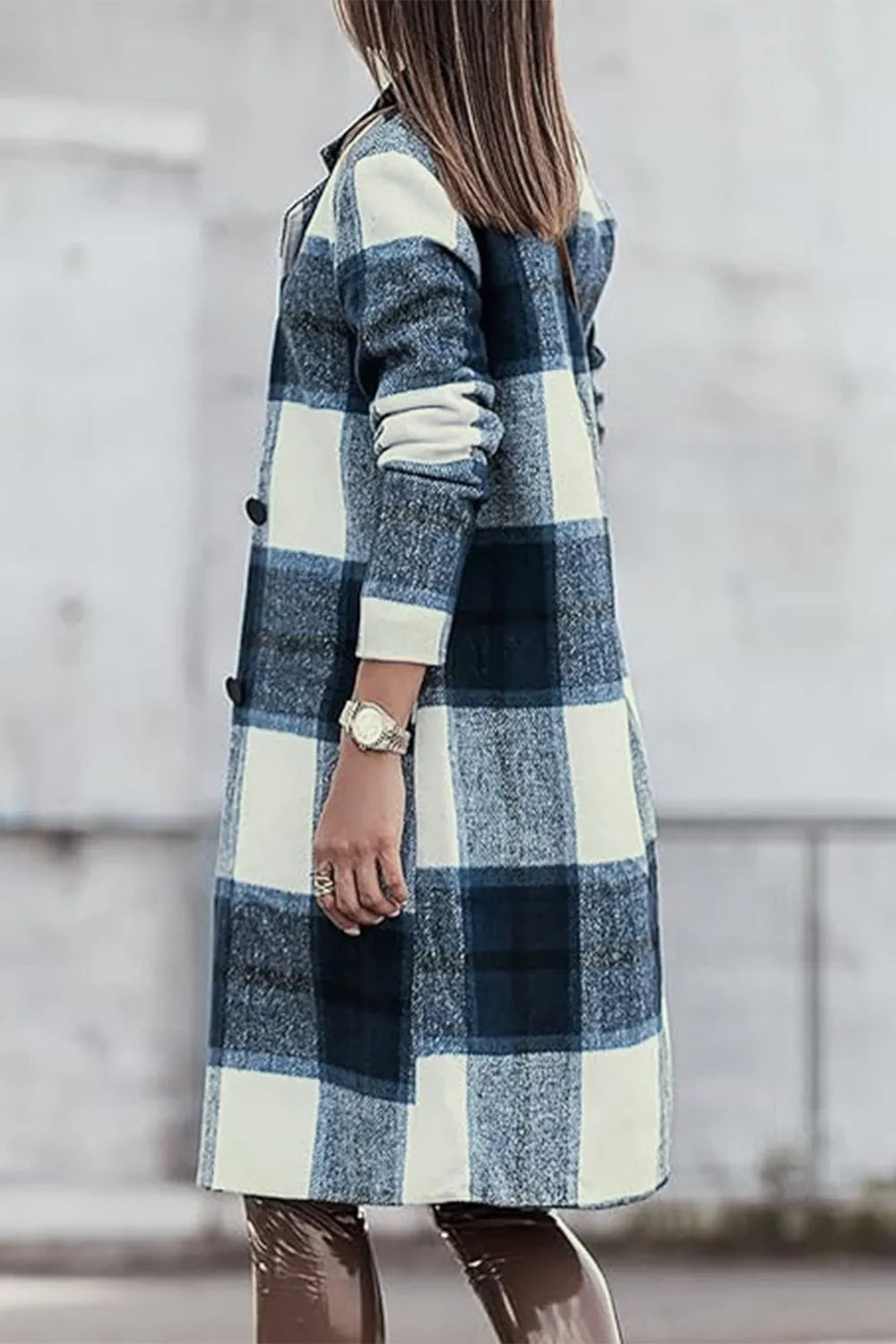 Double Take Full Size Plaid Button Up Lapel Collar Coat - kinko