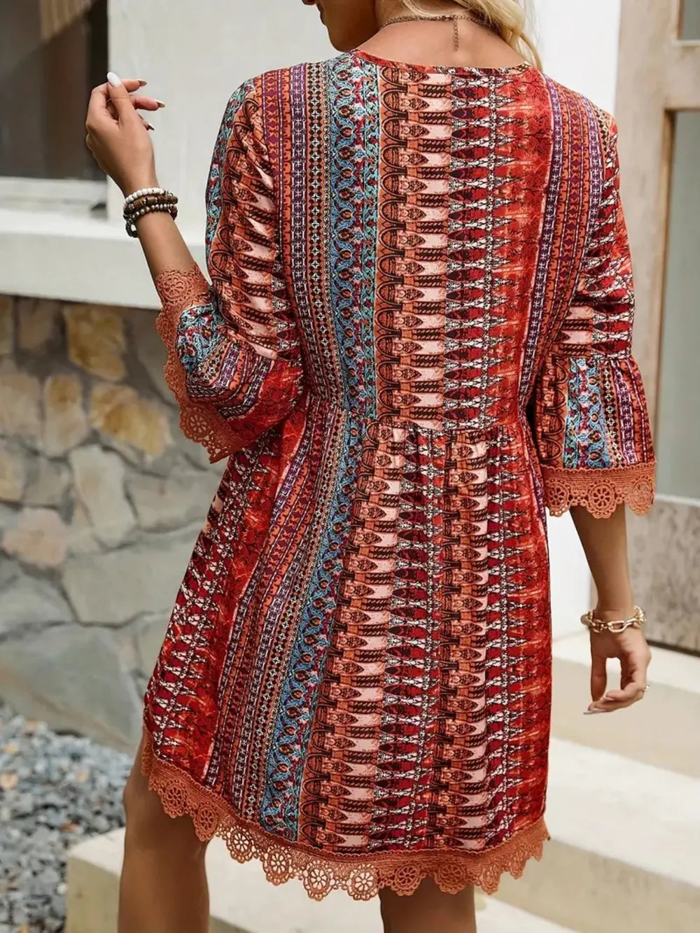 Lace Trim Printed V-Neck 3/4 Sleeve Dress - kinko