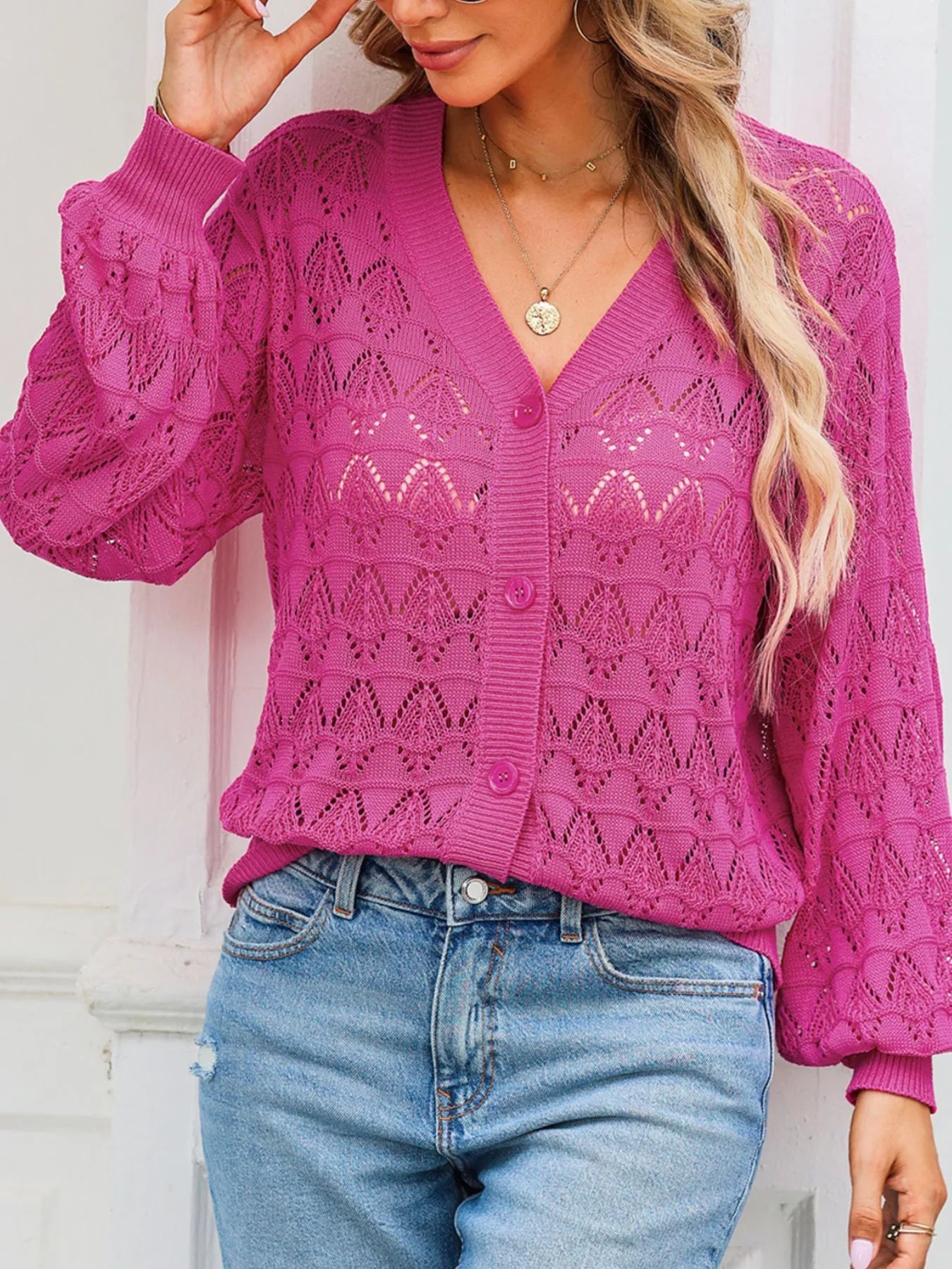 Buttoned Front Openwork Cardigan - kinko