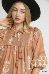 Umgee Boarder Print Tassel Tie Neck Mini Dress - kinko