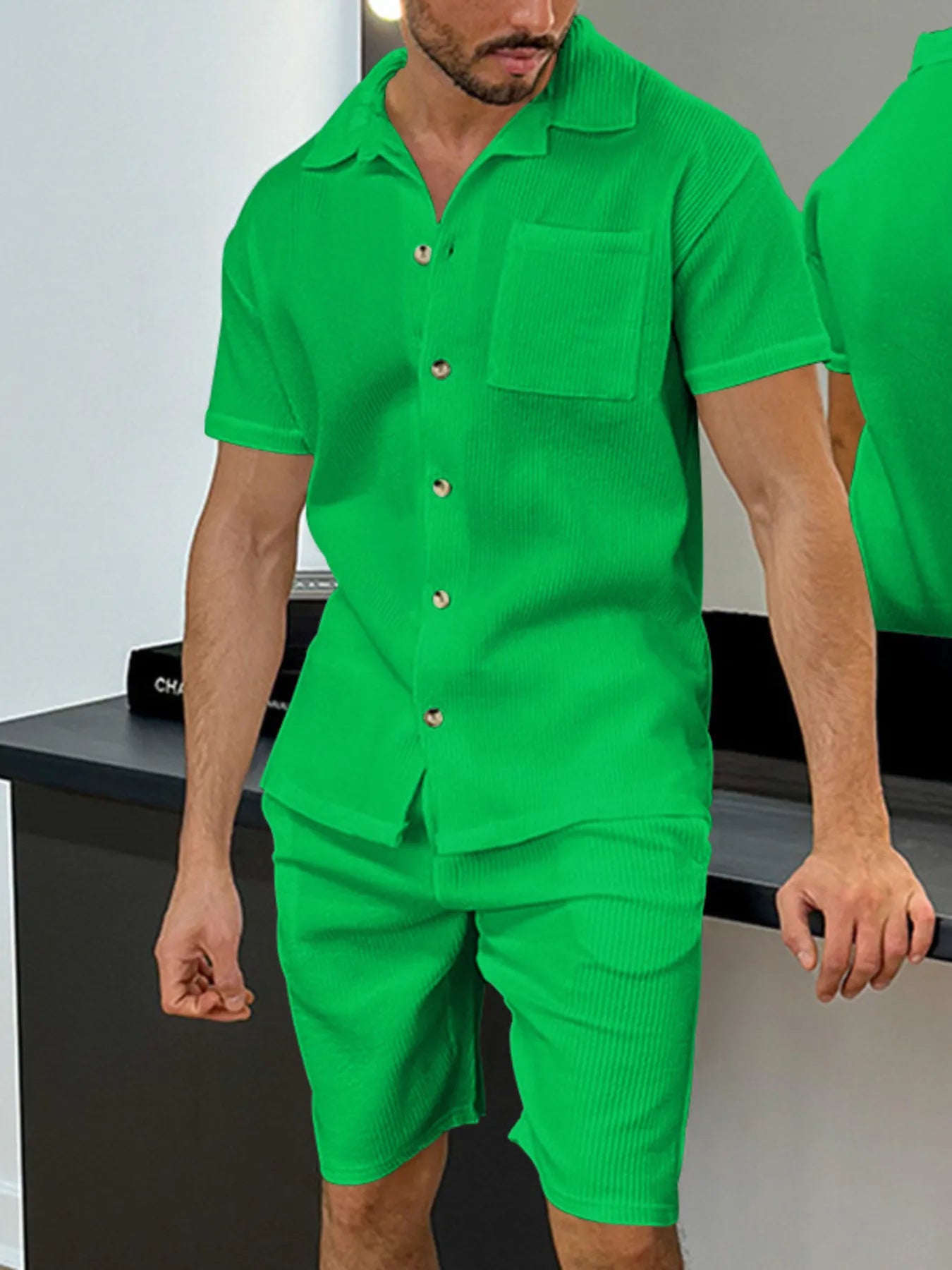 Men's Full Size Button Up Top and Shorts Set Plus Size - kinko