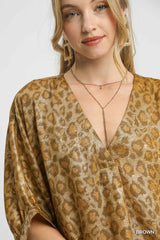 Umgee Metallic Leopard Print V-Neck Kimono Dress - kinko