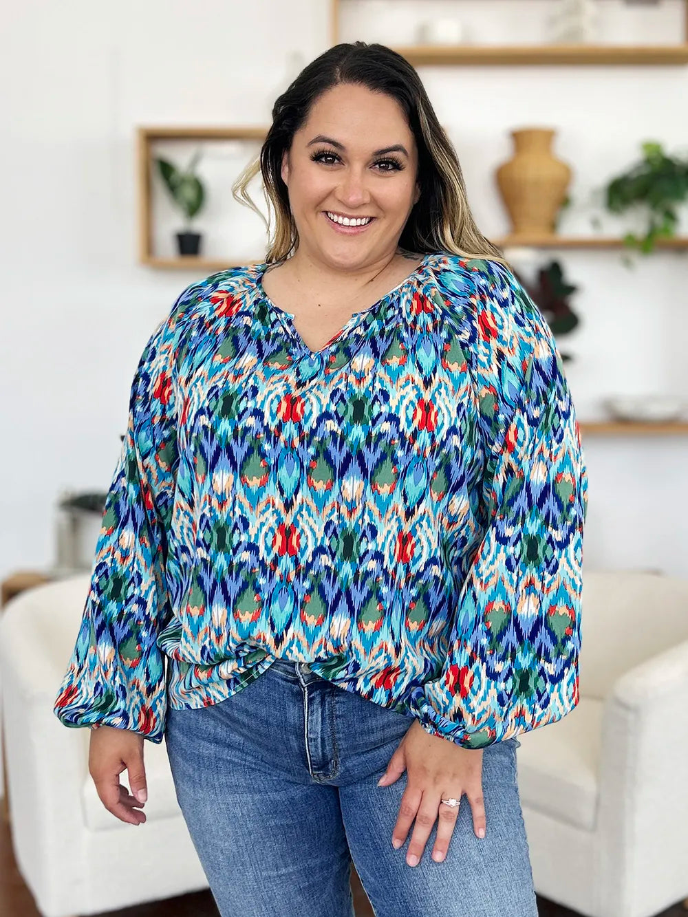 Double Take Full Size Printed Balloon Sleeve Blouse - kinko