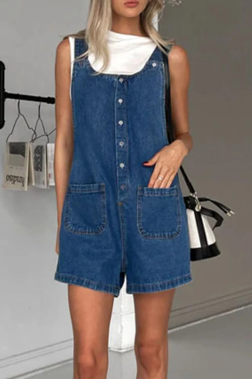 Button Front Denim Overall Shorts with Front Pockets - kinko