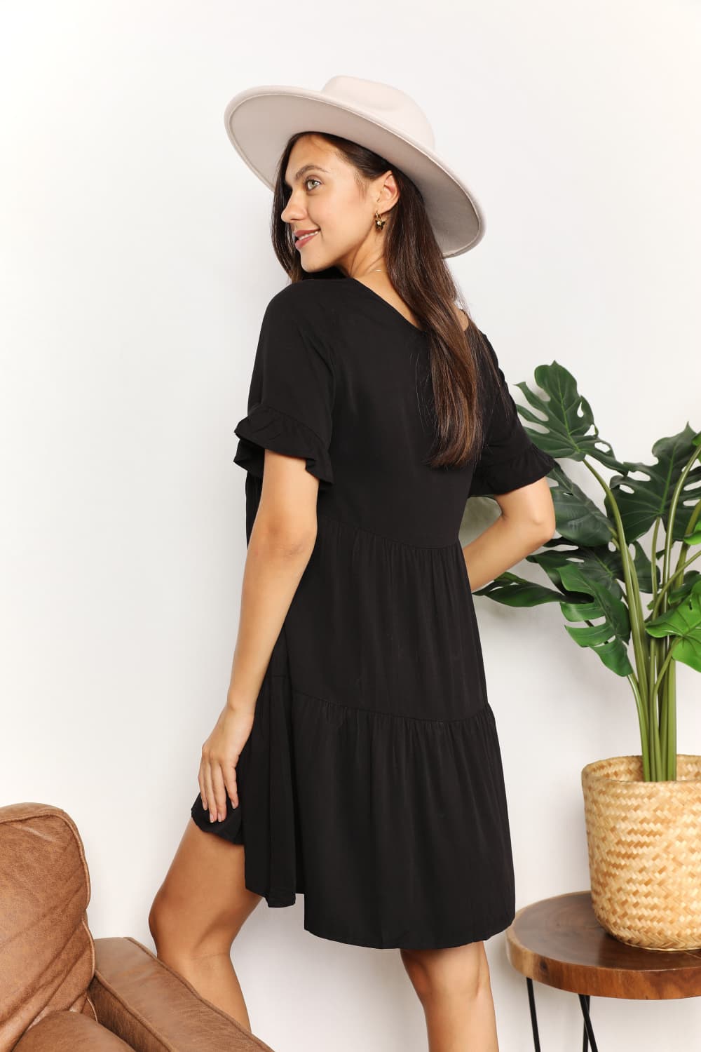Mandy V-Neck Flounce Sleeve Tiered Dress - kinko
