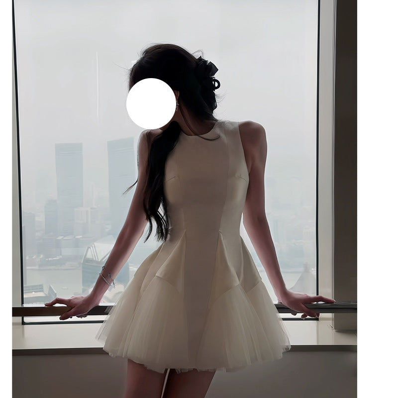 Puff Mesh Stitching Pearlescent Dress - kinko