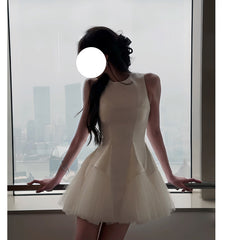 Puff Mesh Stitching Pearlescent Dress - kinko