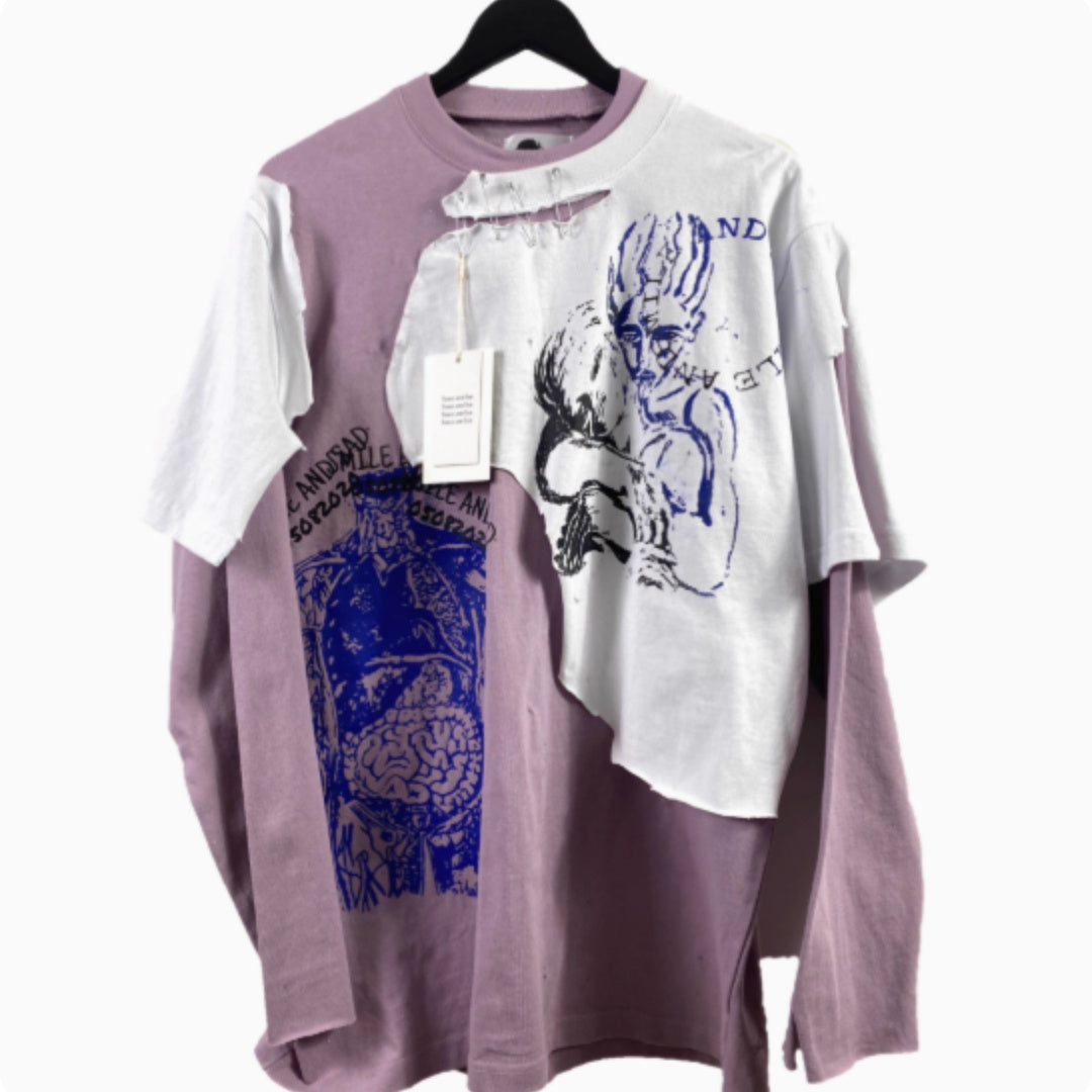 Artistic Print With Two Pieces Of Distressed Long Sleeves - kinko